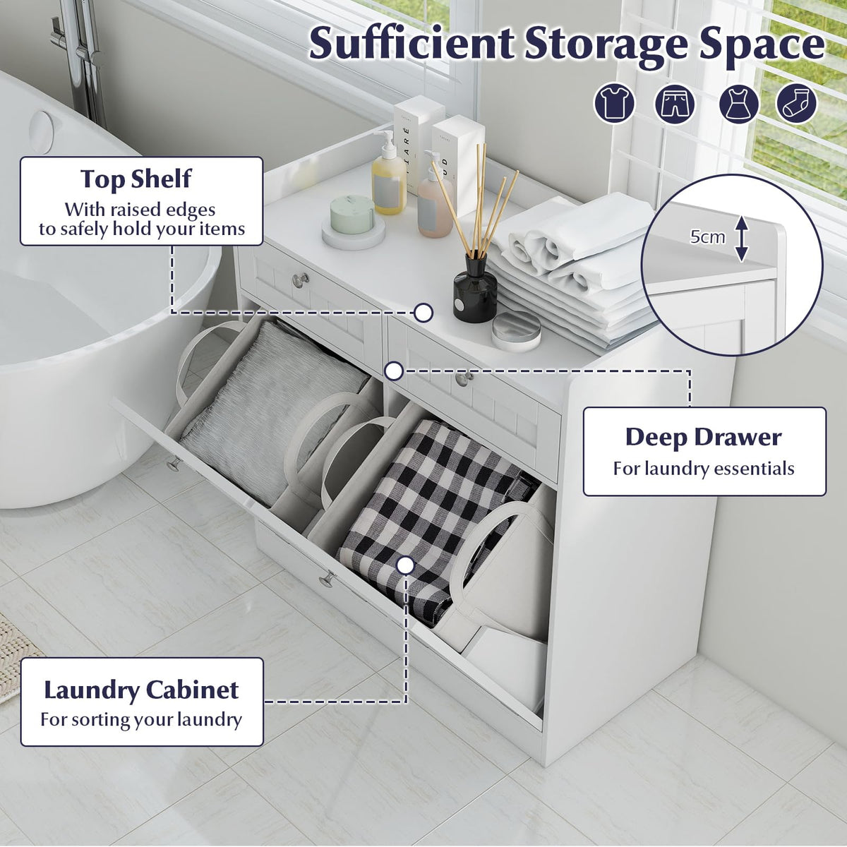 Tilt-Out Laundry Hamper Cabinet Freestanding Bathroom Storage Cabinet with 1/2 Shelf