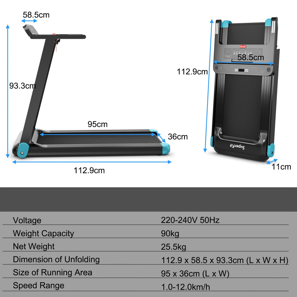 Folding Treadmill, Max 12.0 km/h, 2.25HP Electric Walking Pad, Compact Running Jogging Machine w/ 12 Preset Programs