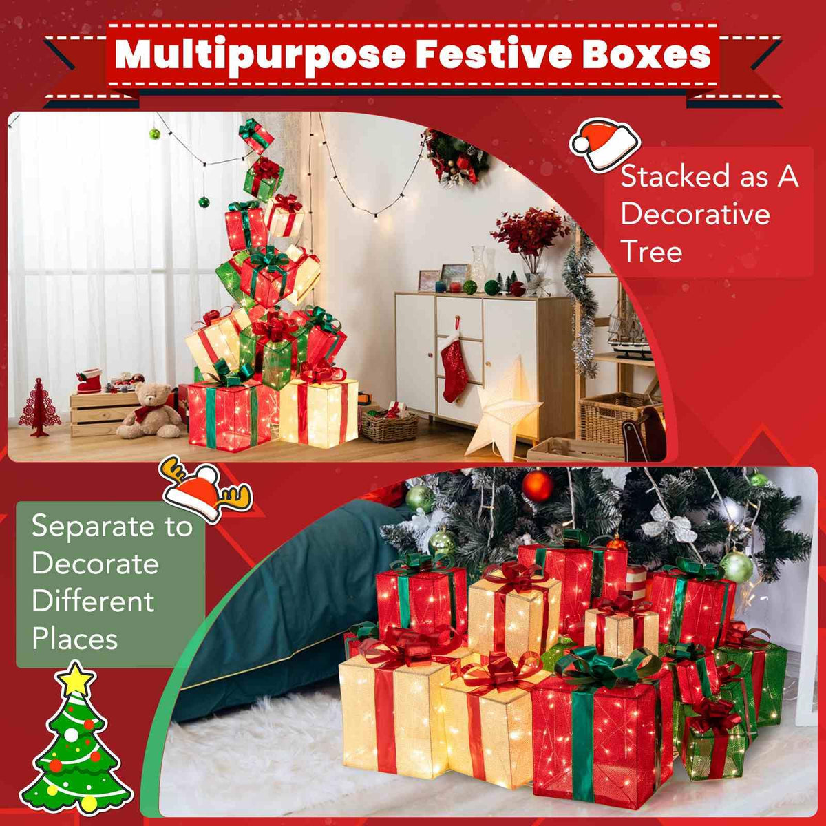 15 Pieces Staked Lighted Christmas Boxes with 450 Light Bulbs