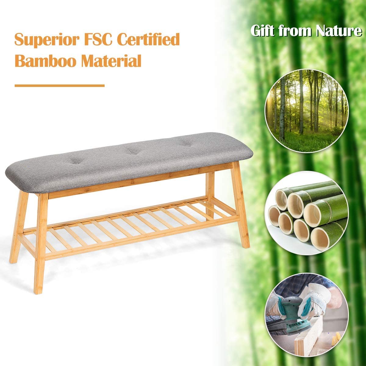Giantex Upholstered Shoe Bench Seat, Shoe Storage Rack, Bamboo Shoe Organizer with Soft Cushion