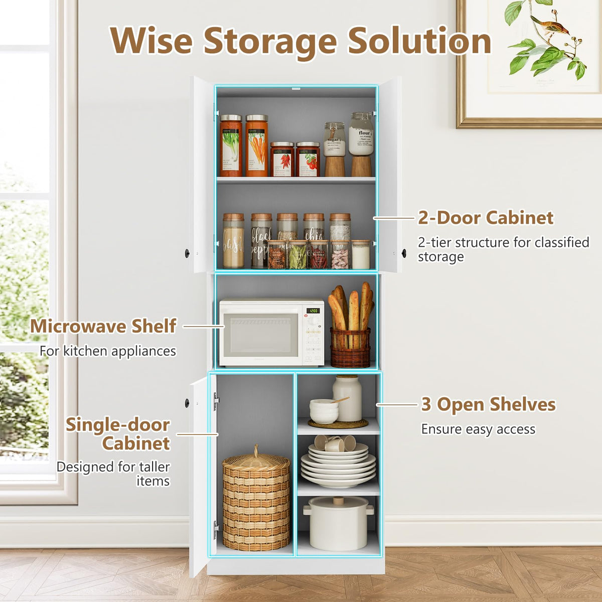 Kitchen Pantry Storage Cabinet 166 cm Tall Modern Hutch Cabinet w/ Open Shelves