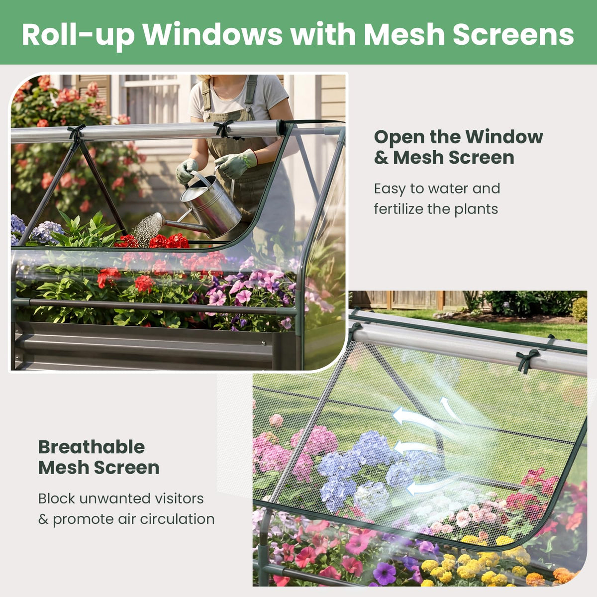 183 x 91 x 122cm 2 Roll-up Windows Metal Raised Garden Bed with Cover and Planter Box for Vegetables