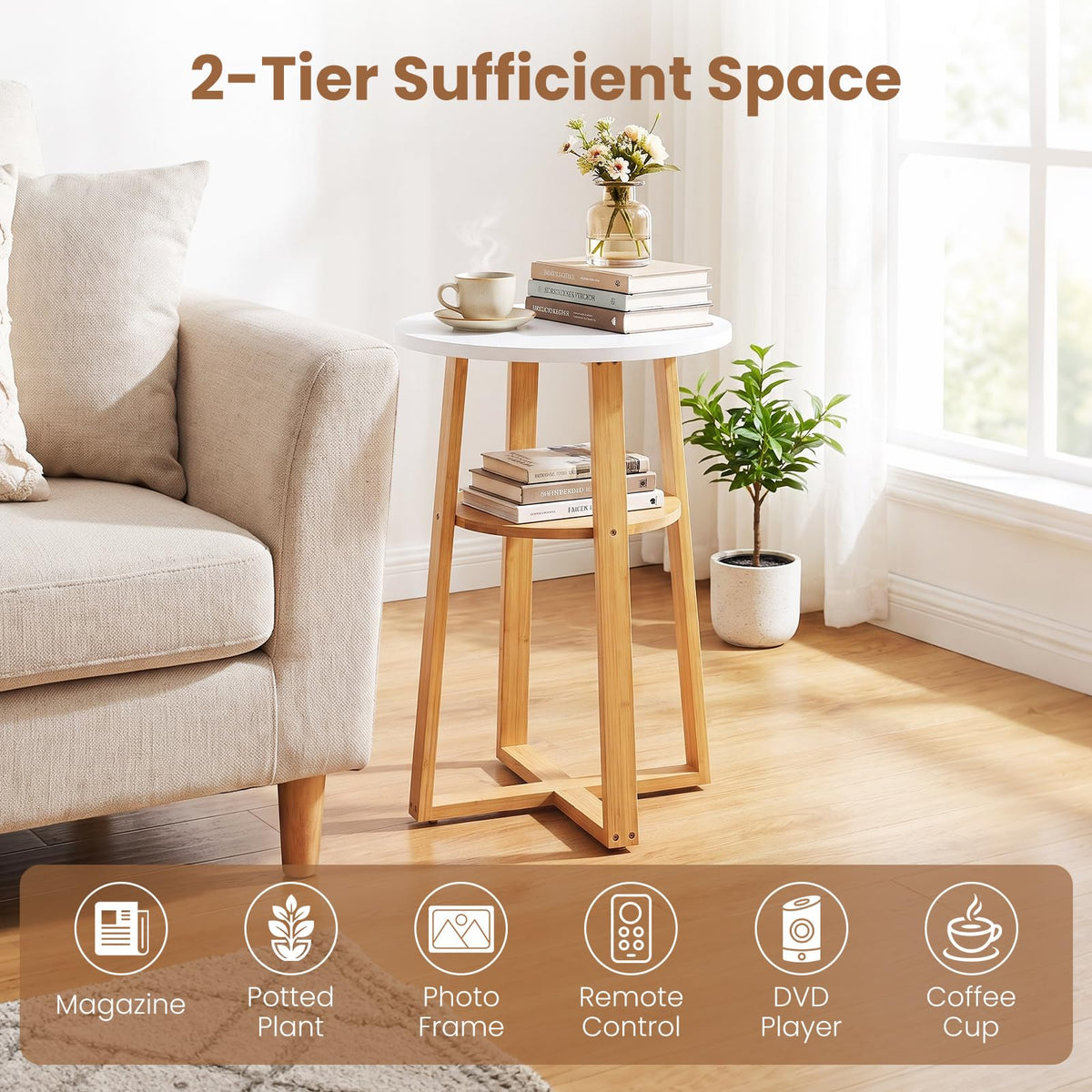 Giantex Round Side Table Set of 2 with Lower Shelf, Solid Bamboo Frame