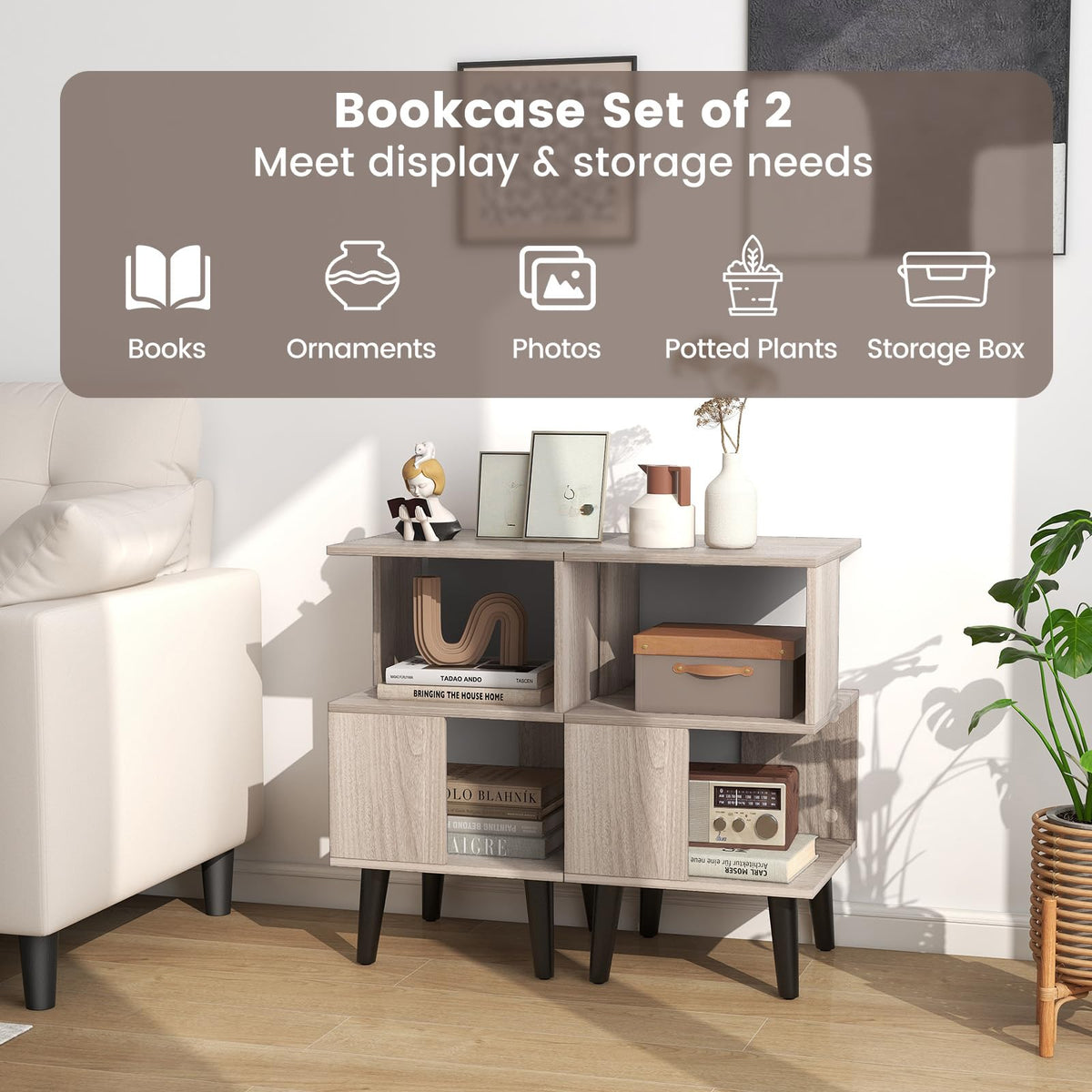 3-Tier Geometric Bookshelf Set of 2, Modern Asymmetrical End Table