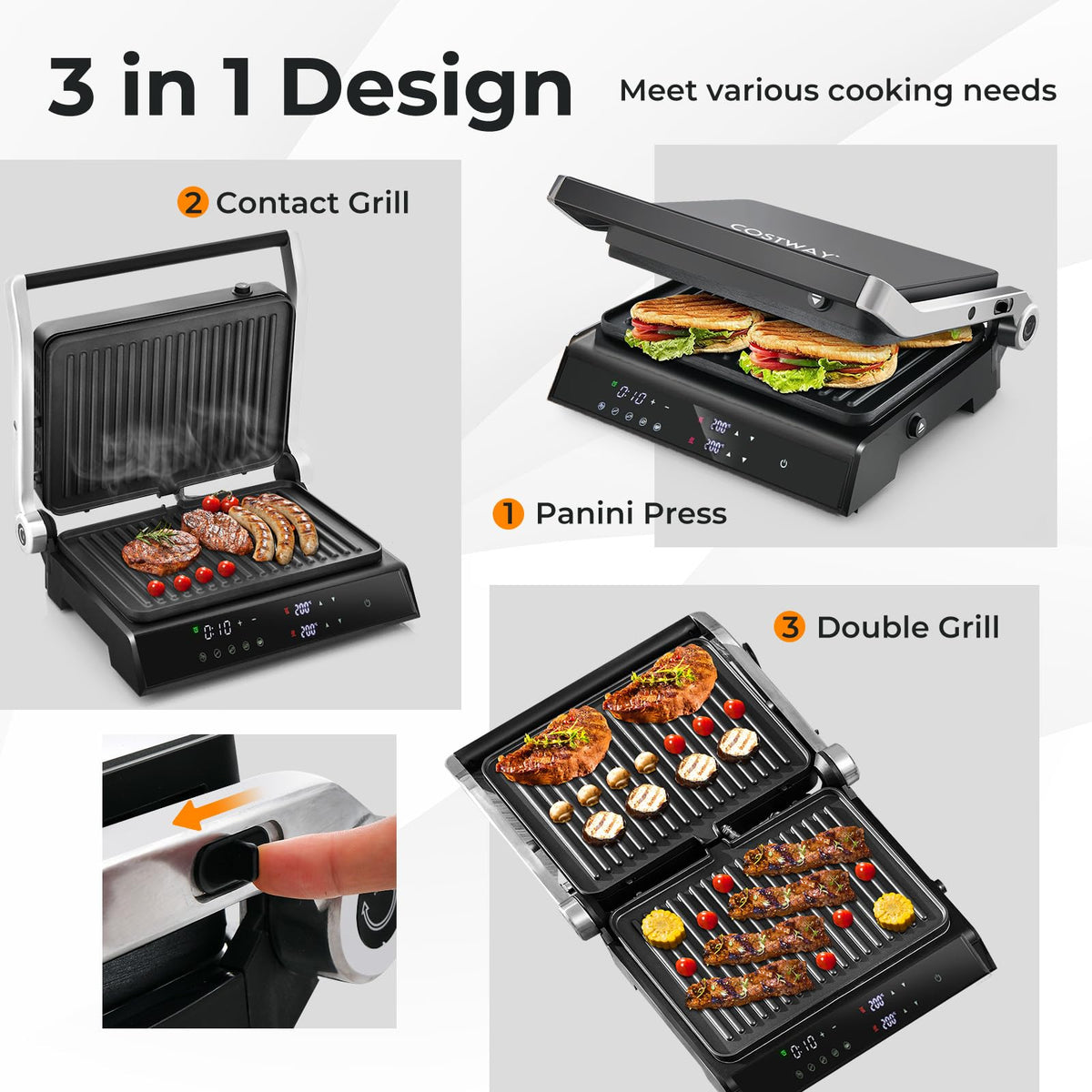 3 in 1 Indoor Grill with Nonstick Grill Plates & Removable Drip Tray