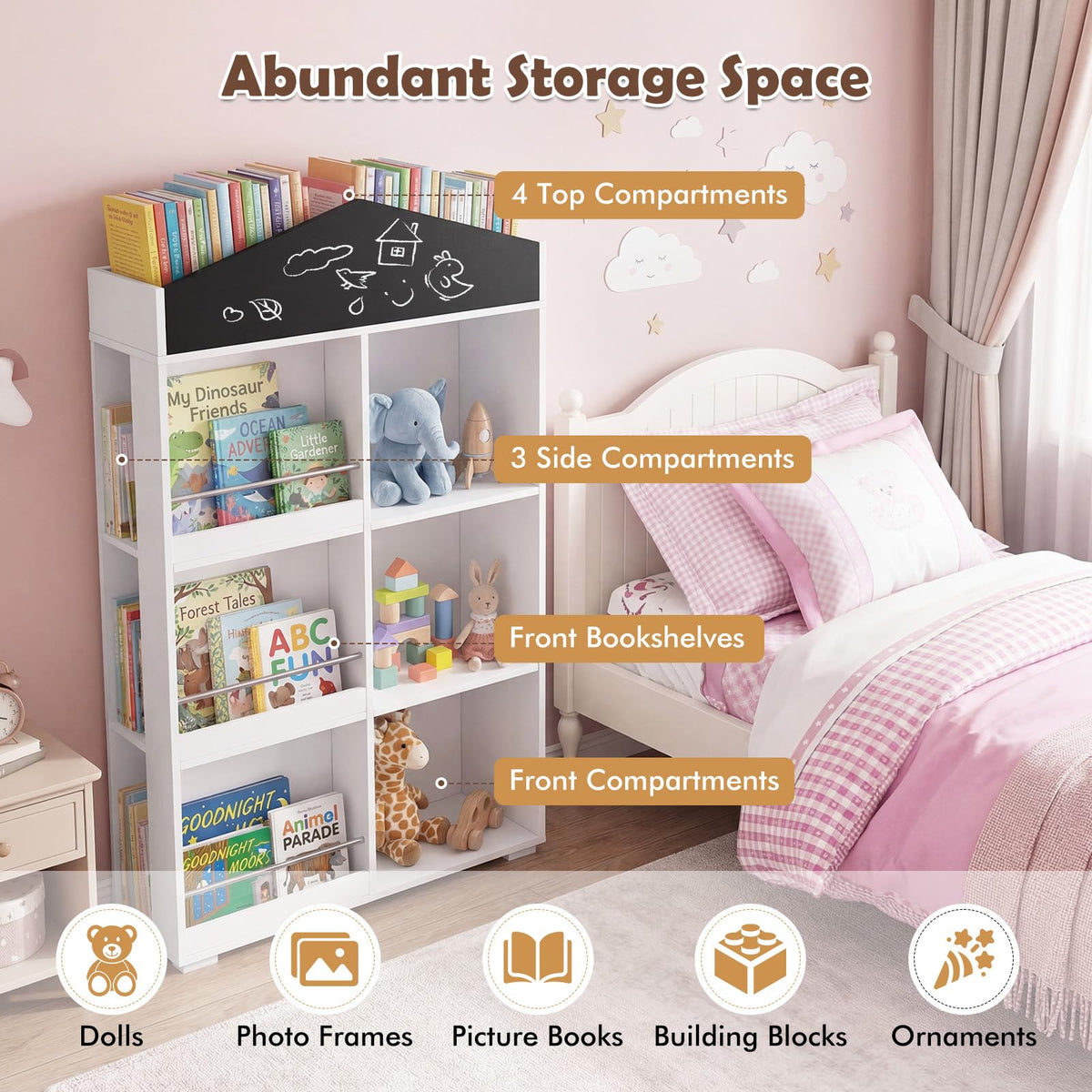 House Shaped Kids Bookshelf, Toy Storage Organizer w/Compartments & Chalkboard