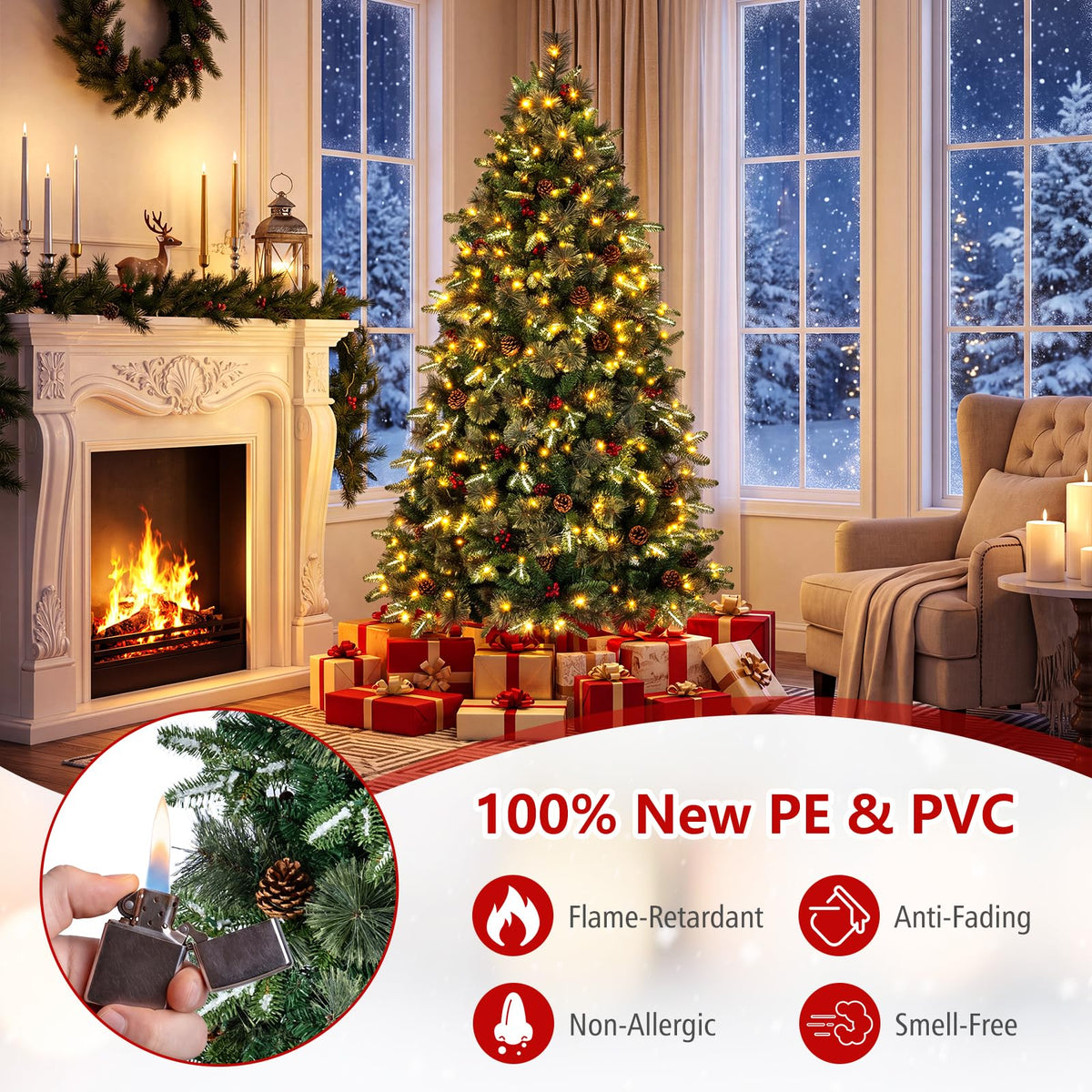 180cm Balsam Fir Christmas Tree Pre-Lit Hinged with Pine Cones and Berries