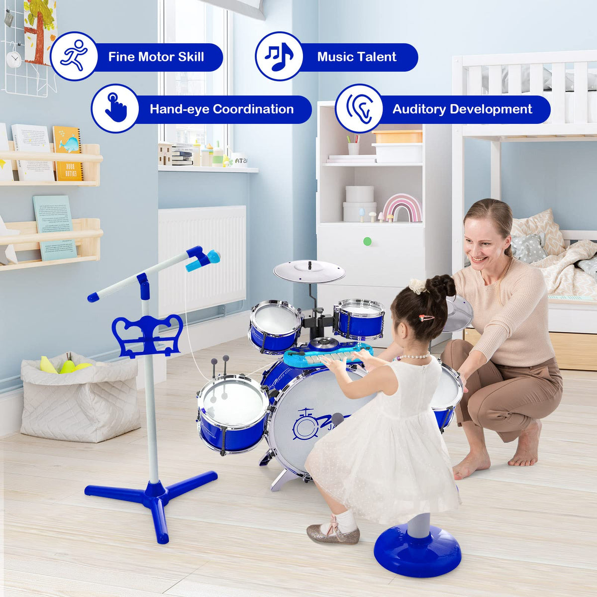 Kids Drum Keyboard Set with Stool & Microphone Stand