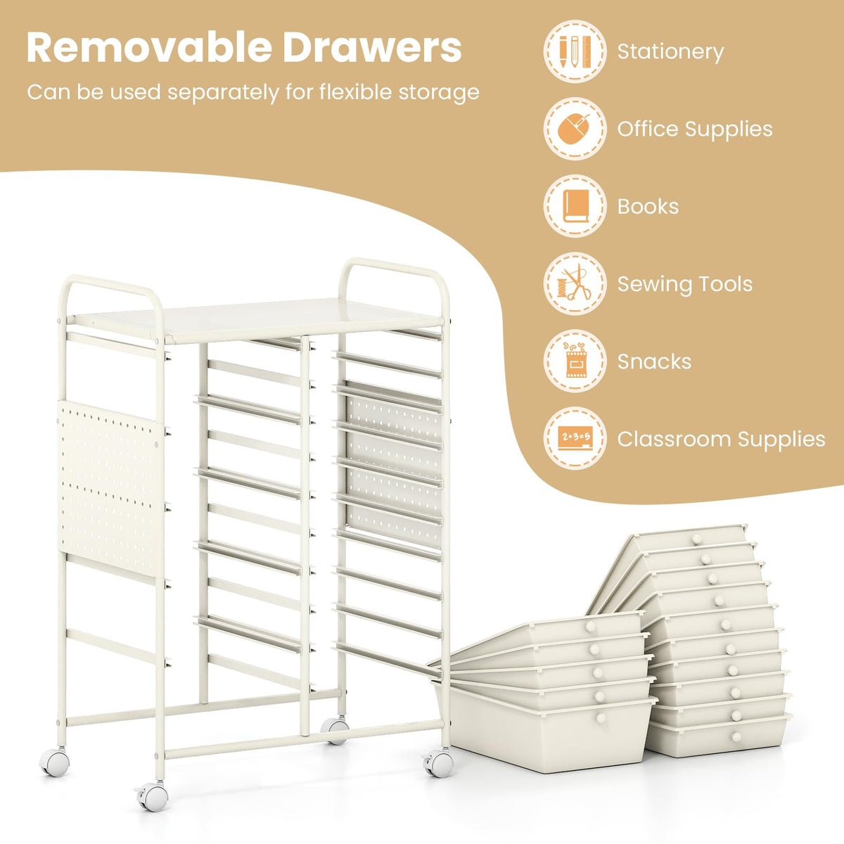 Giantex 15-Drawer Rolling Cart with Pegboard & Metal Frame