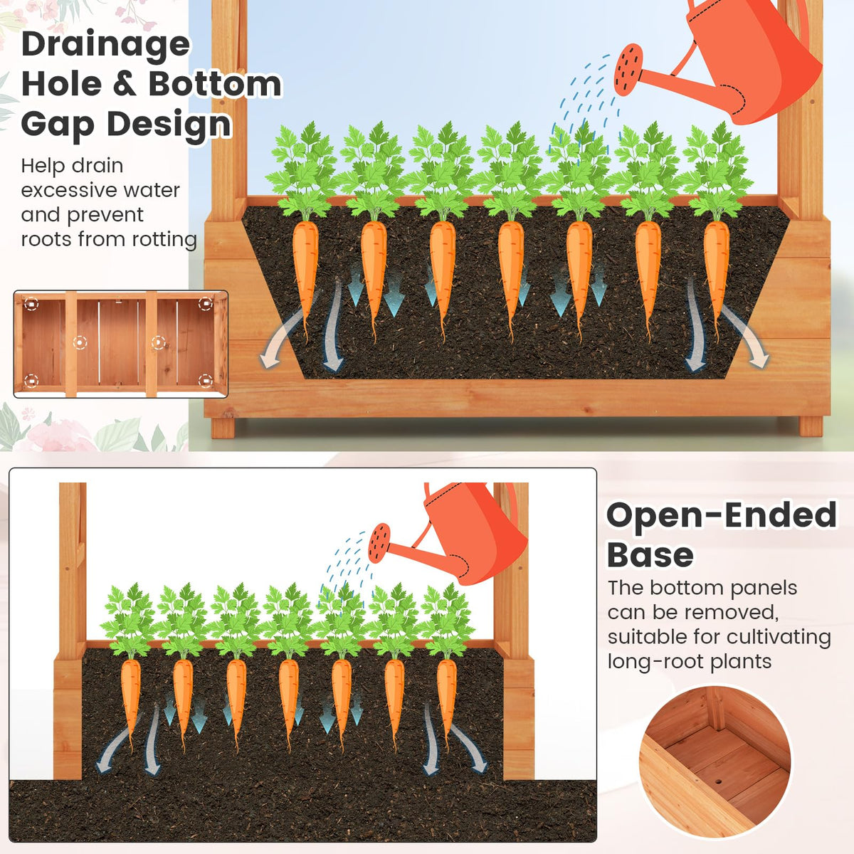 Raised Garden Bed with Arch Trellis, Hanging Roof, Planter Box