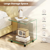 C-Shaped End Table, Modern Tempered Glass Side Table with 2-Tier Shelf