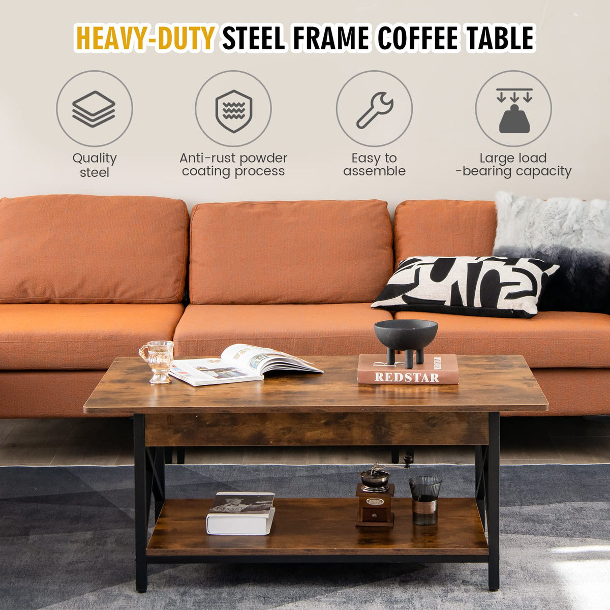 Giantex 2-Tier Industrial Coffee Table, Home Cocktail Table Tea Table with Storage Shelf and X-Shape Steel Frame