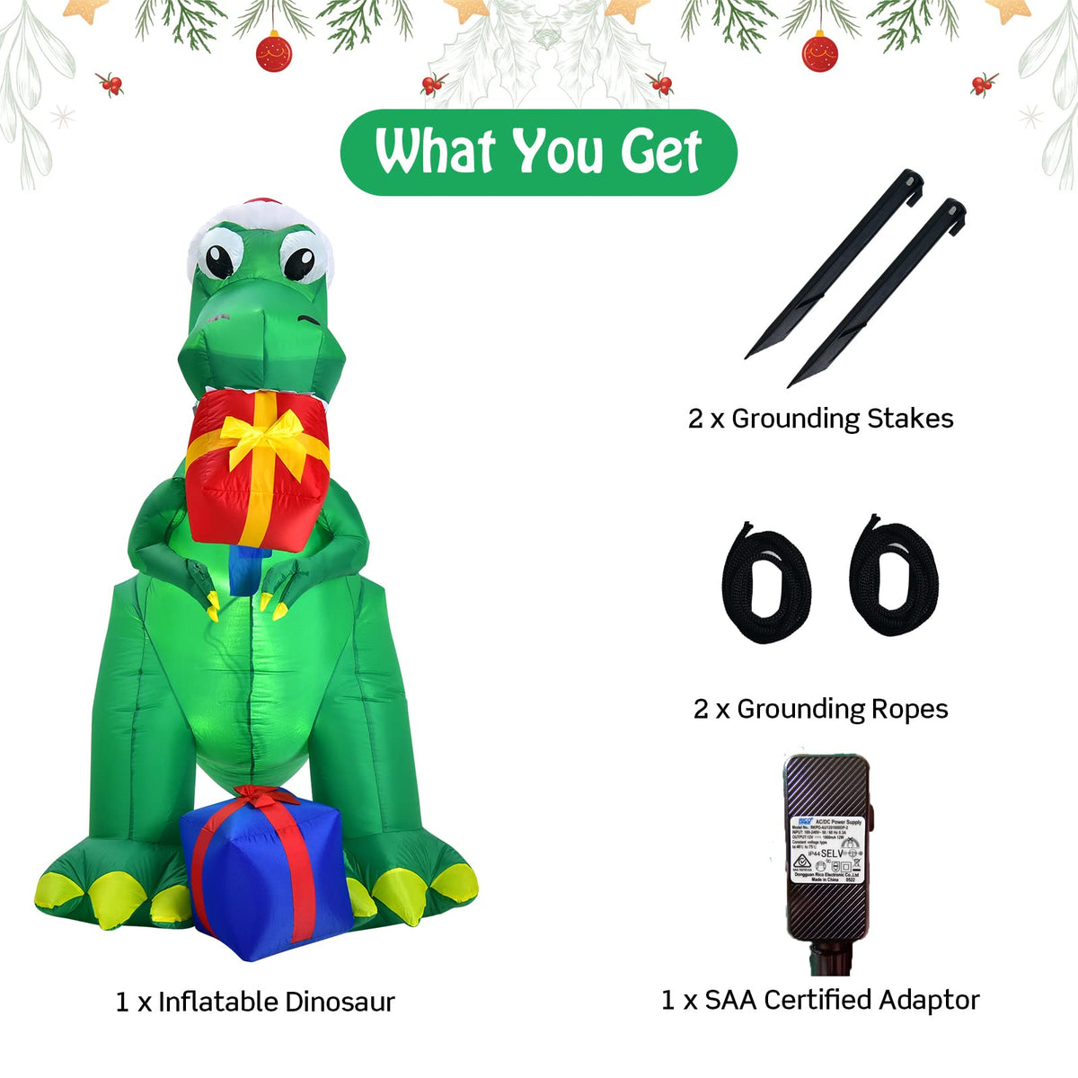 180 CM Christmas Inflatable Dinosaur with LED Lights for Yard & Deck
