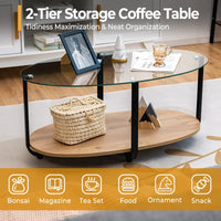 Giantex 2-Tier Coffee Table, Oval Modern Side Table with Tempered Glass Tabletop & Wooden Shelf