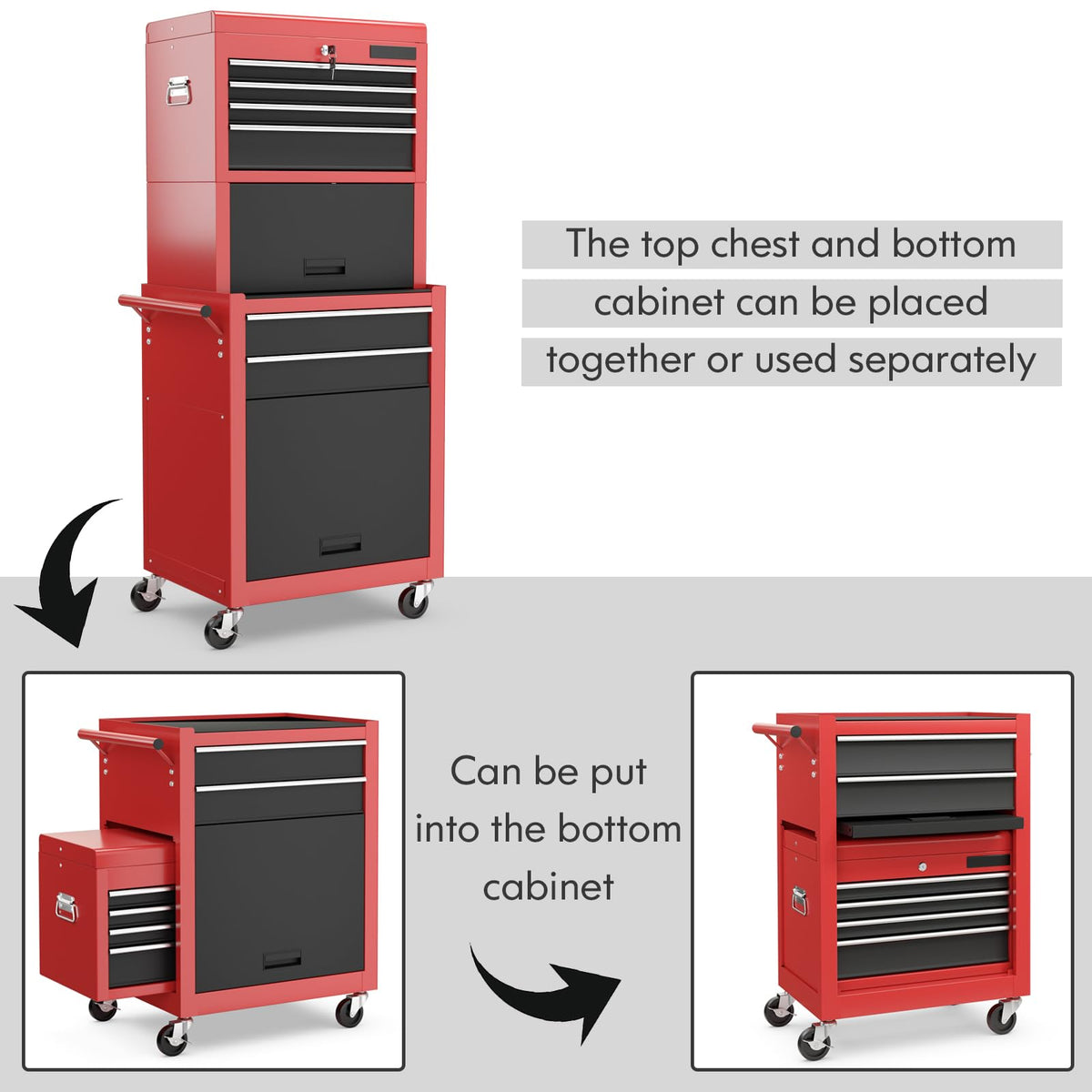 Lockable Tool Storage Cabinet, 2-in-1 High Capacity Rolling Tool Chest with Handle