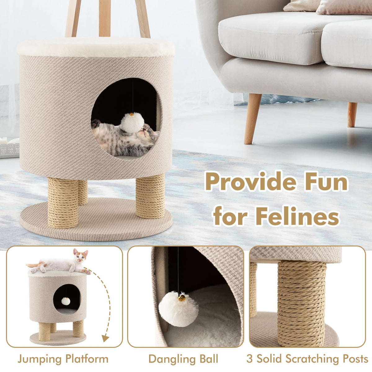 Cat Condo Stool for Indoor Cats, Pet House Ottoman & Kitty Bed with Scratching Posts & Plush Ball Toy