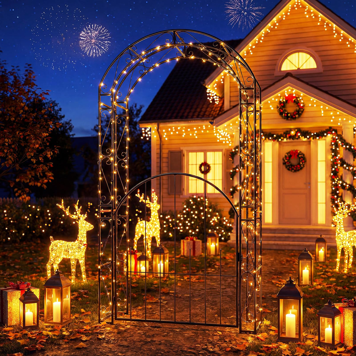 84'' Garden Arbor with Gate, Heavy-Duty Metal Arch Trellis for Climbing Plants Vines Roses