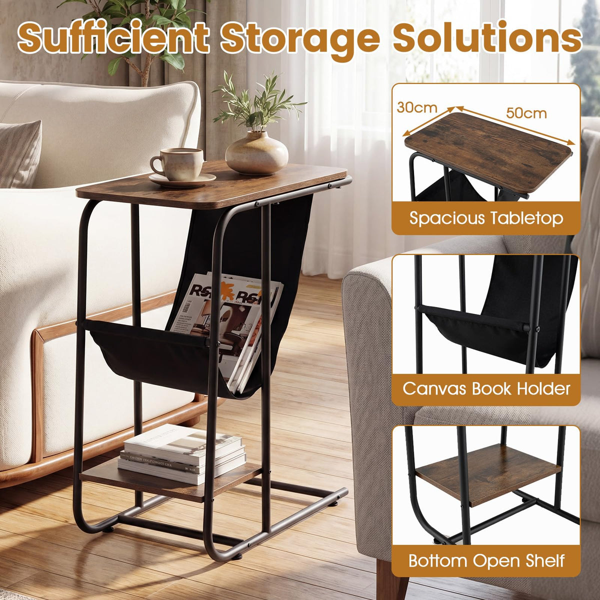 Giantex C-Shaped End Table with Canvas Book Holder & Bottom Storage Shelf