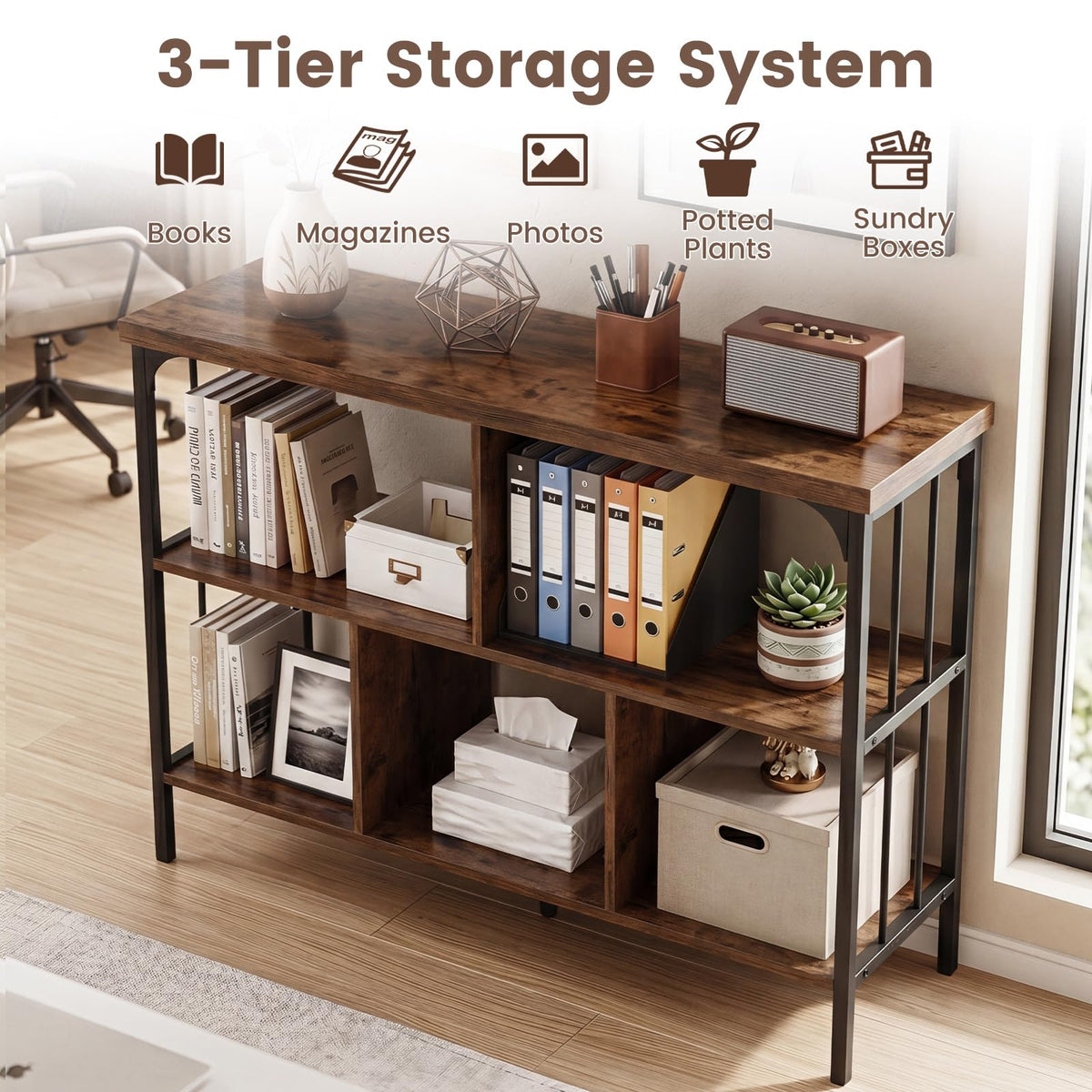 3-Tier Bookshelf with Anti Tipping Kits and Metal Frame for Home Office