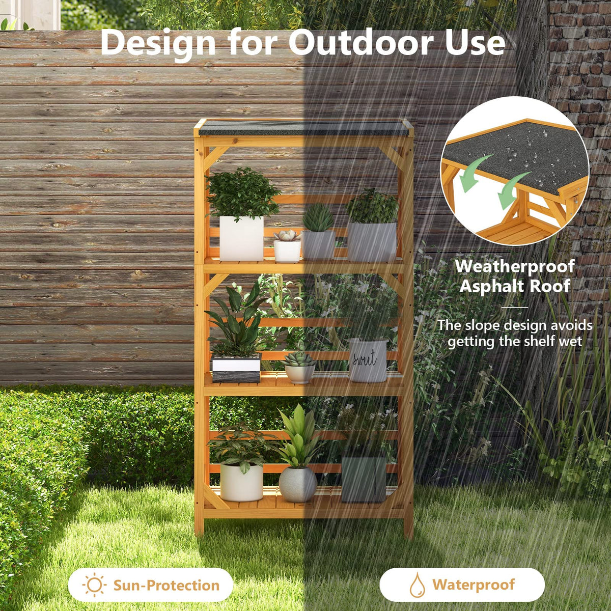 Wooden Storage Rack Load 90 kg with Weatherproof Asphalt Roof for Garden