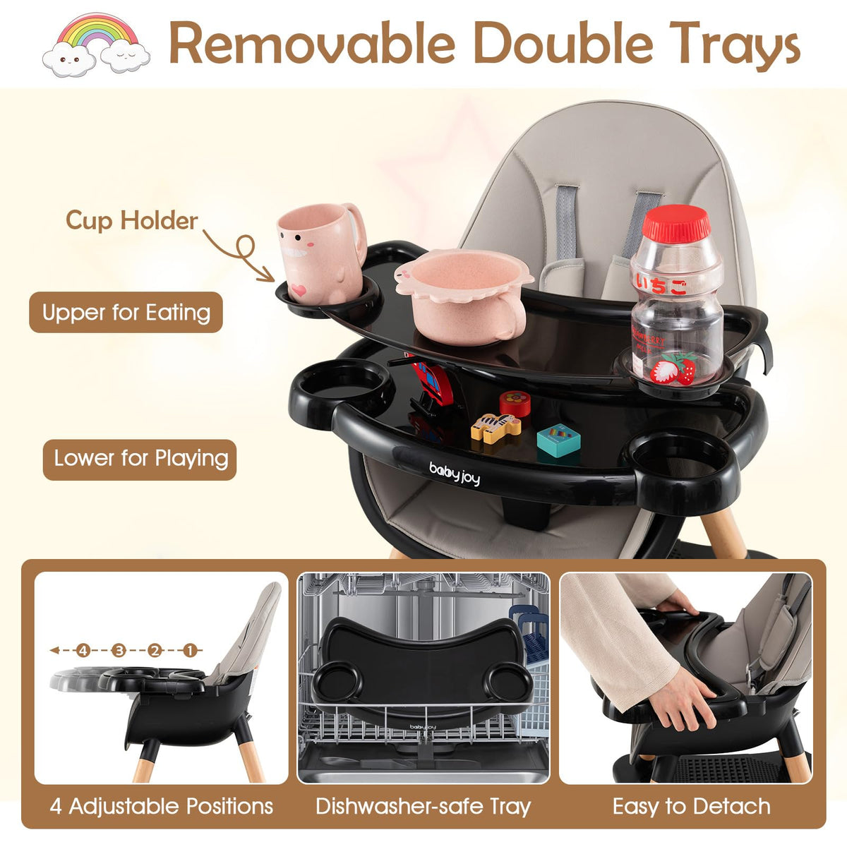Convertible Table Chair Set w/Building Block Table, Safety Harness, Removable Tray