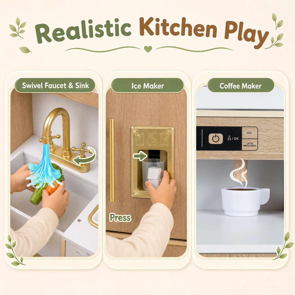 Wooden Play Kitchen with Lights & Sounds and Ice Maker Stove Sink for Toddlers Ages 3+