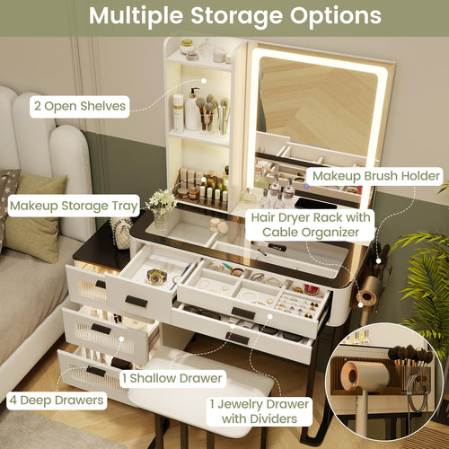 Large Modern Dressing Table & Stool Set With LED Mirror - 3 Drawers, 2 Cabinets, 6 Shelves, Built-in Outlet (Black)-1006959