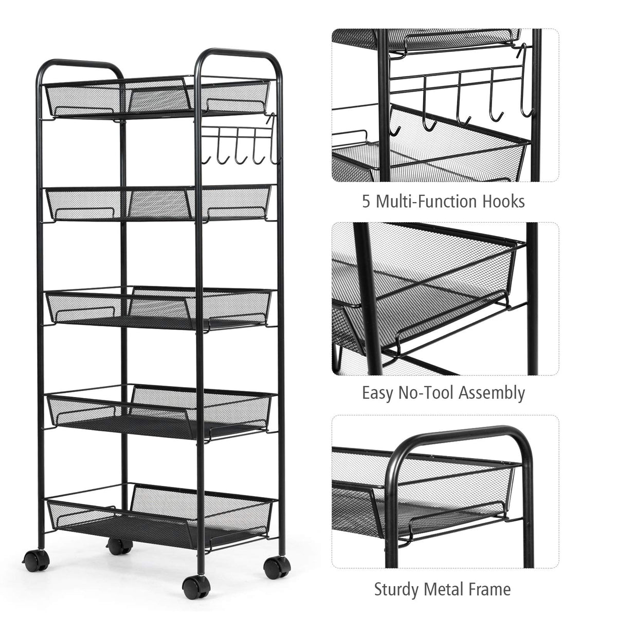 Giantex Serving Trolley Cart w/ 5 Levels, Storage Trolley, Side Kitchen Trolley, Kitchen Organizer Utility Cart for Kitchen