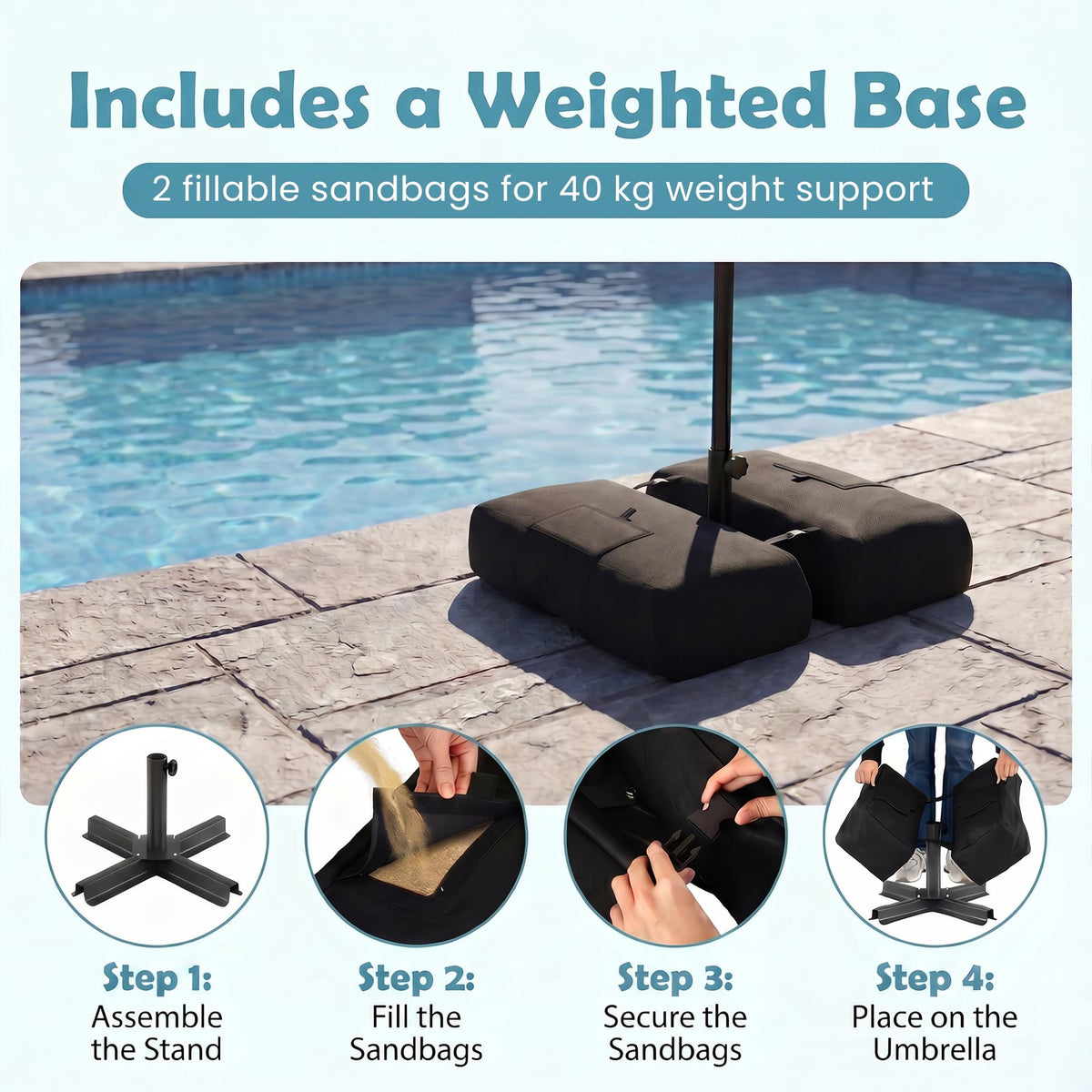 2.8M Patio Umbrella with Weighted Base Sandbags and Push Button Tilt