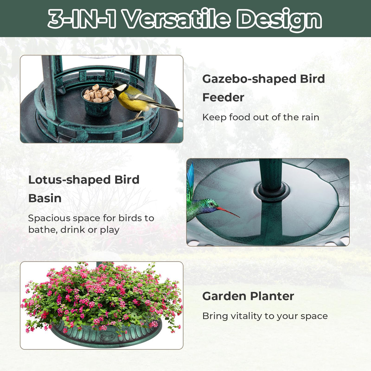 3-in-1 Outdoor Solar Lighted Bird Bath with Flower Planter Base