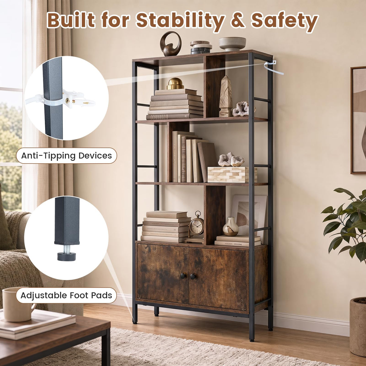 Industrial Tall Bookshelf with 3-Tier Shelves and 2-Door Cabinet for Living Room