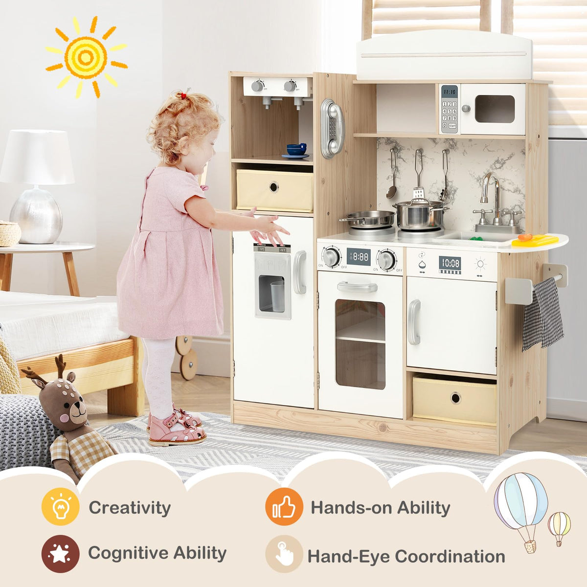 Wooden Pretend Play Kitchen with Deluxe LED Lighting Effects for Boys & Girls
