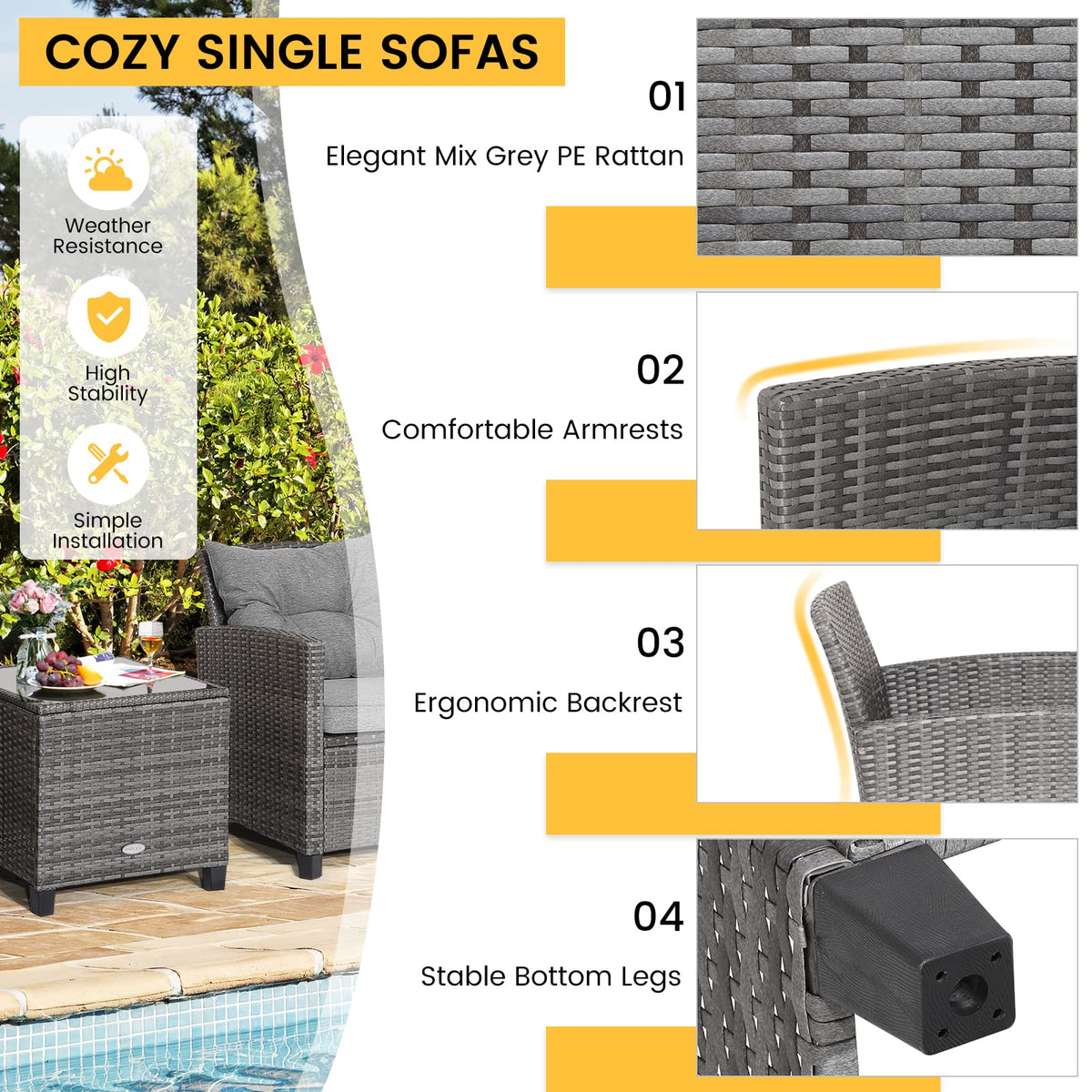 3 Pieces Patio Rattan Sofa Set with Soft Seat for Poolside & Backyard
