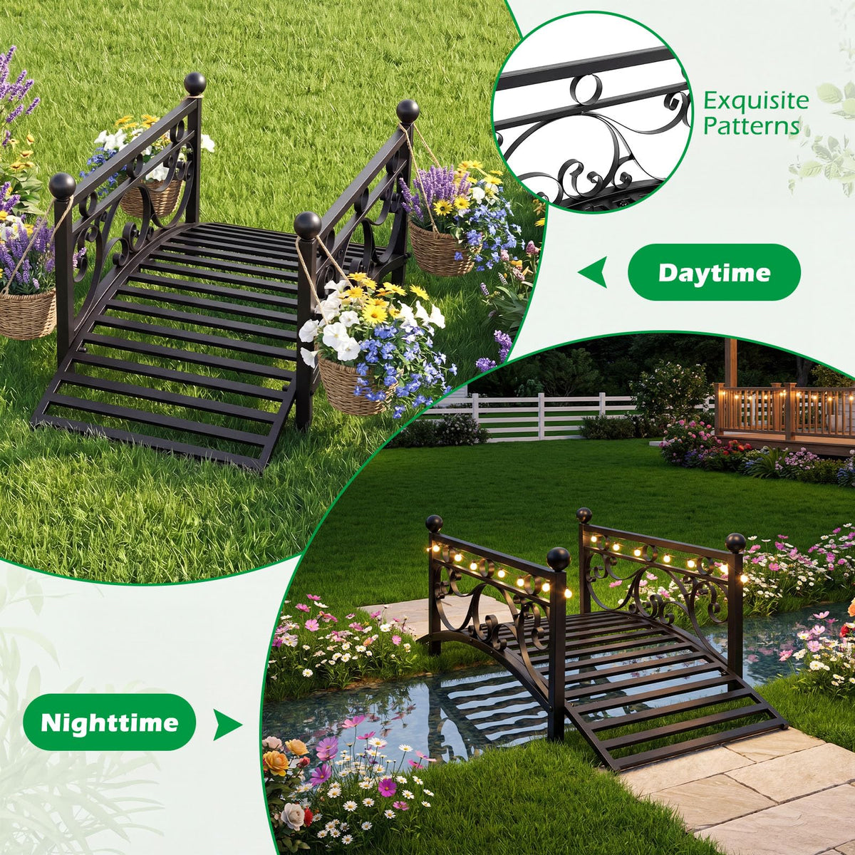 Garden Metal Bridge with Handrails, Outdoor Arched Bridge w/Dual Patterned Side Rails