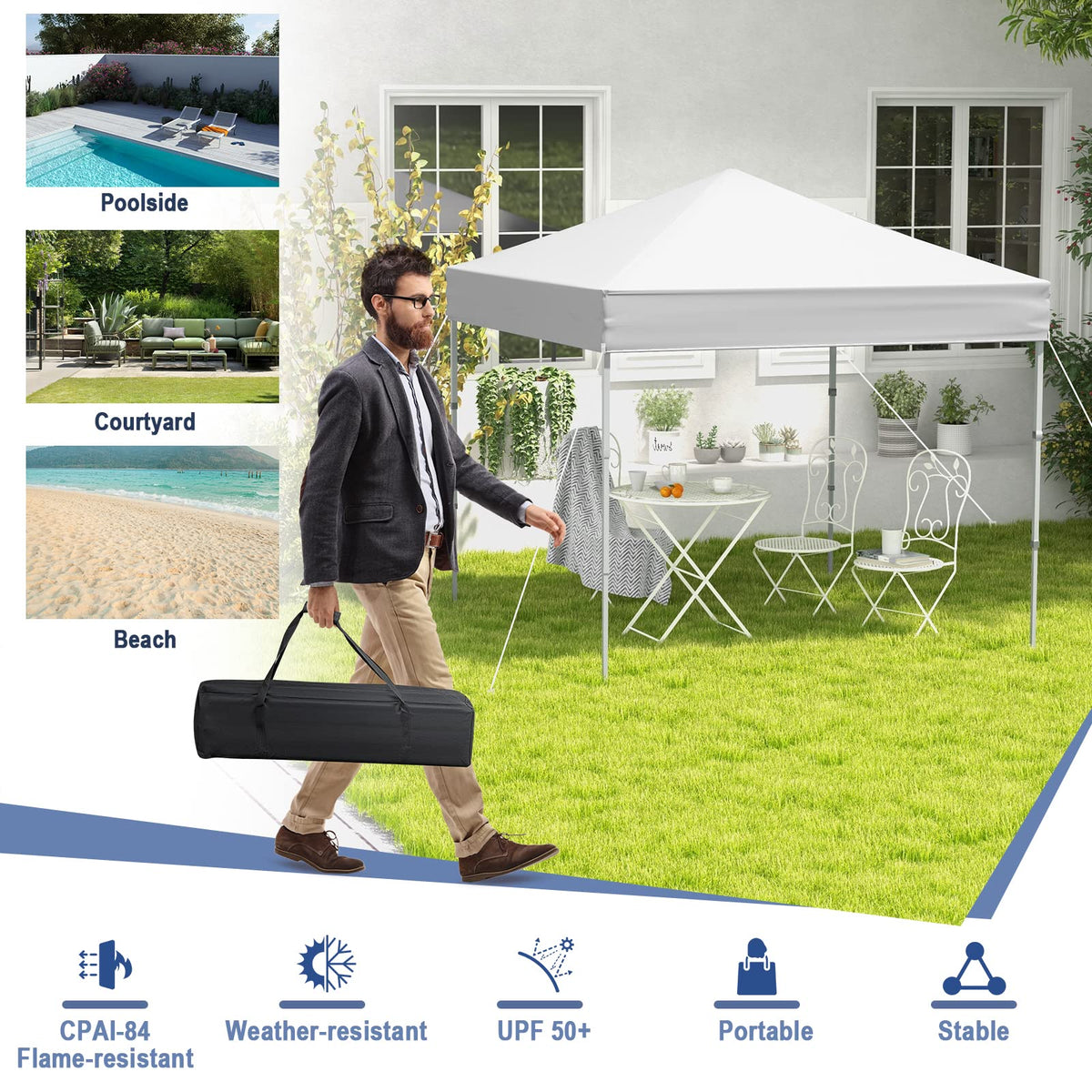 2 x 2 m Outdoor Pop-up Canopy, Instant Setup Canopy Tent w/Adjustable Heights, Carry Bag