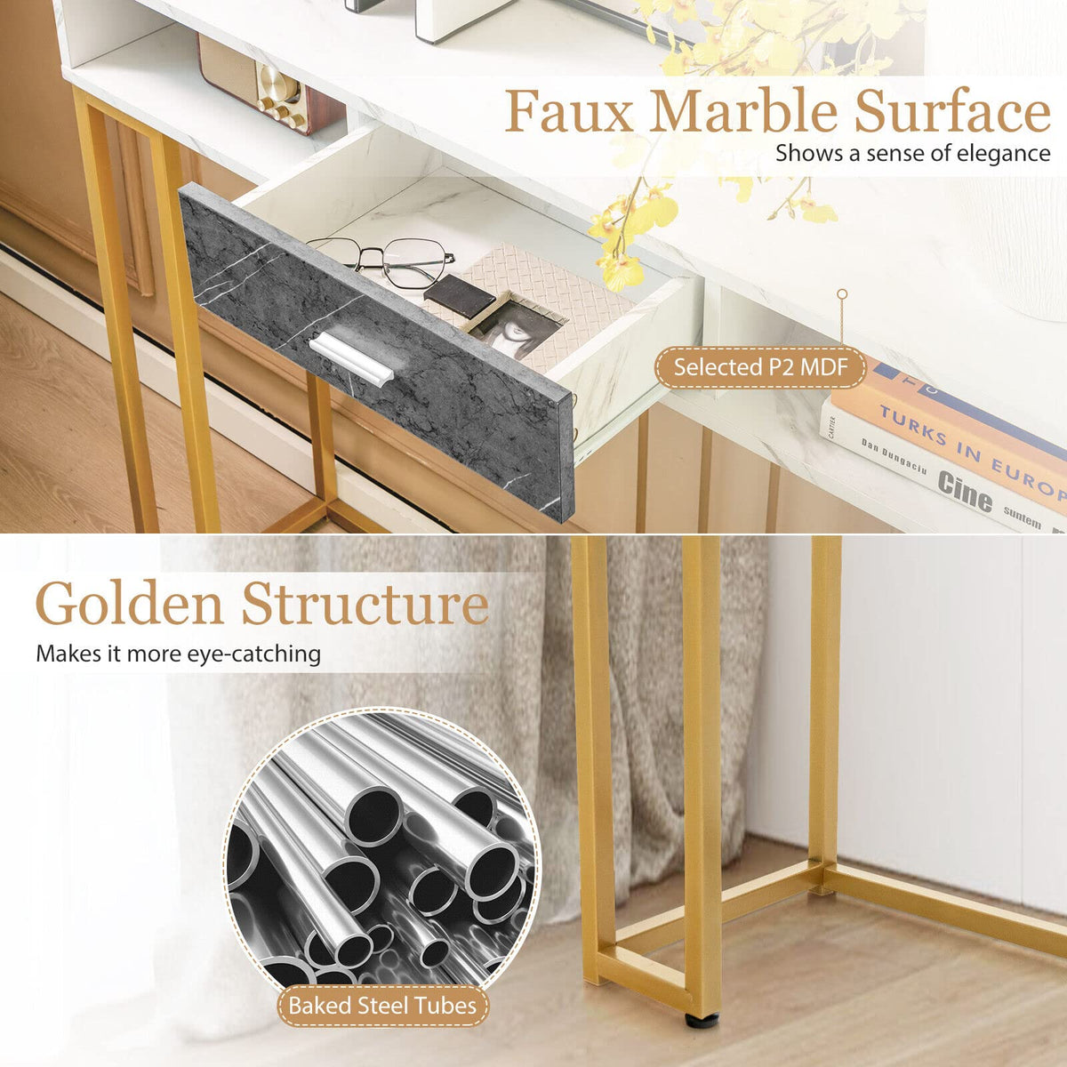 Giantex 2-Tier Faux Marble Console Table, Sofa Side Table w/Golden Steel Frame & Drawer, White