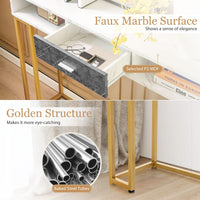 Giantex 2-Tier Faux Marble Console Table, Sofa Side Table w/Golden Steel Frame & Drawer, White