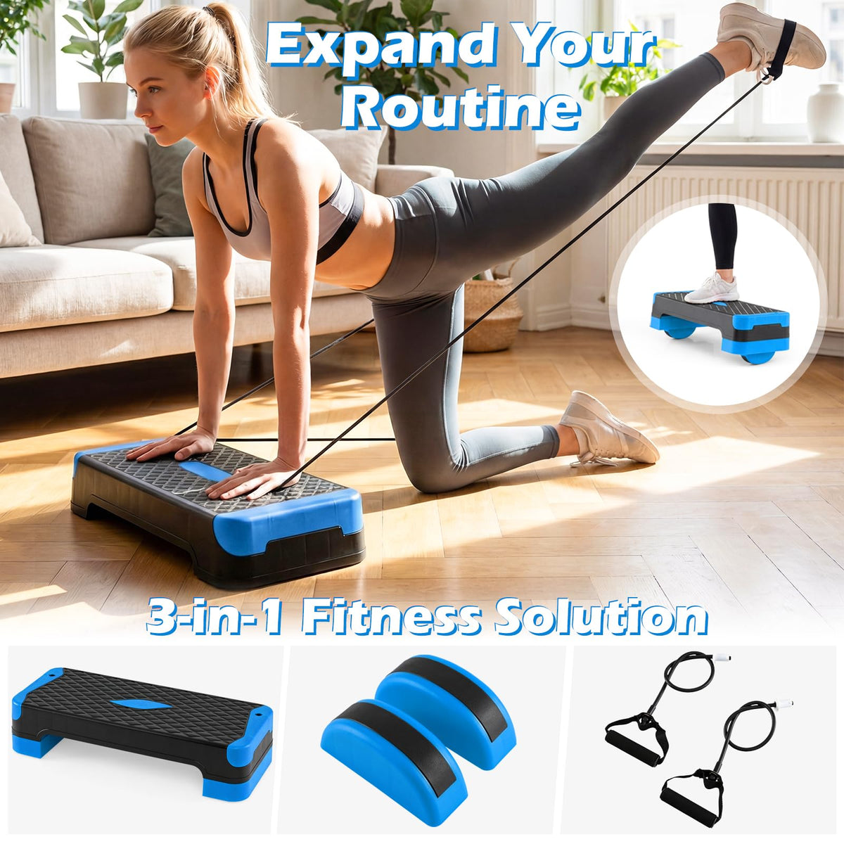3-in-1 Aerobic Step Platform Set with 2 Stackable Risers