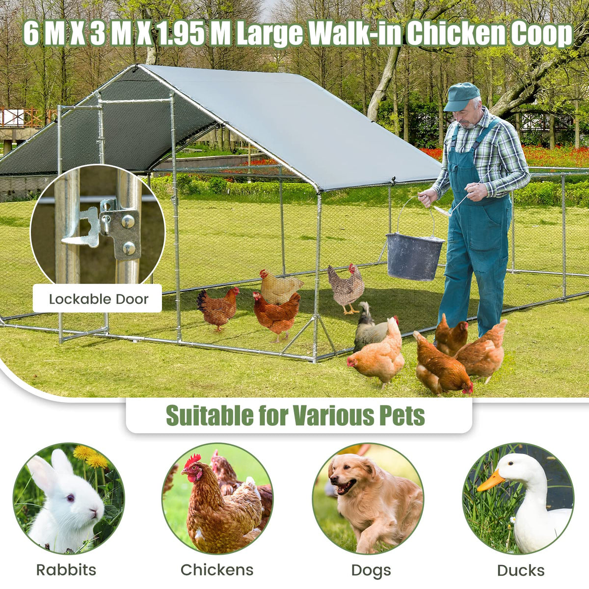 Large Metal Chicken Coop, Walk-in Poultry Cage Hen Rabbit Run House with Waterproof & Sun-Proof Cover