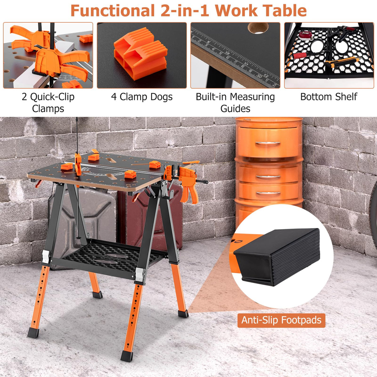 2-in-1 Folding Work Table & Sawhorse, 454 kg Max Load Workbench w/ 2 Quick Clamps & 4 Clamp Dogs