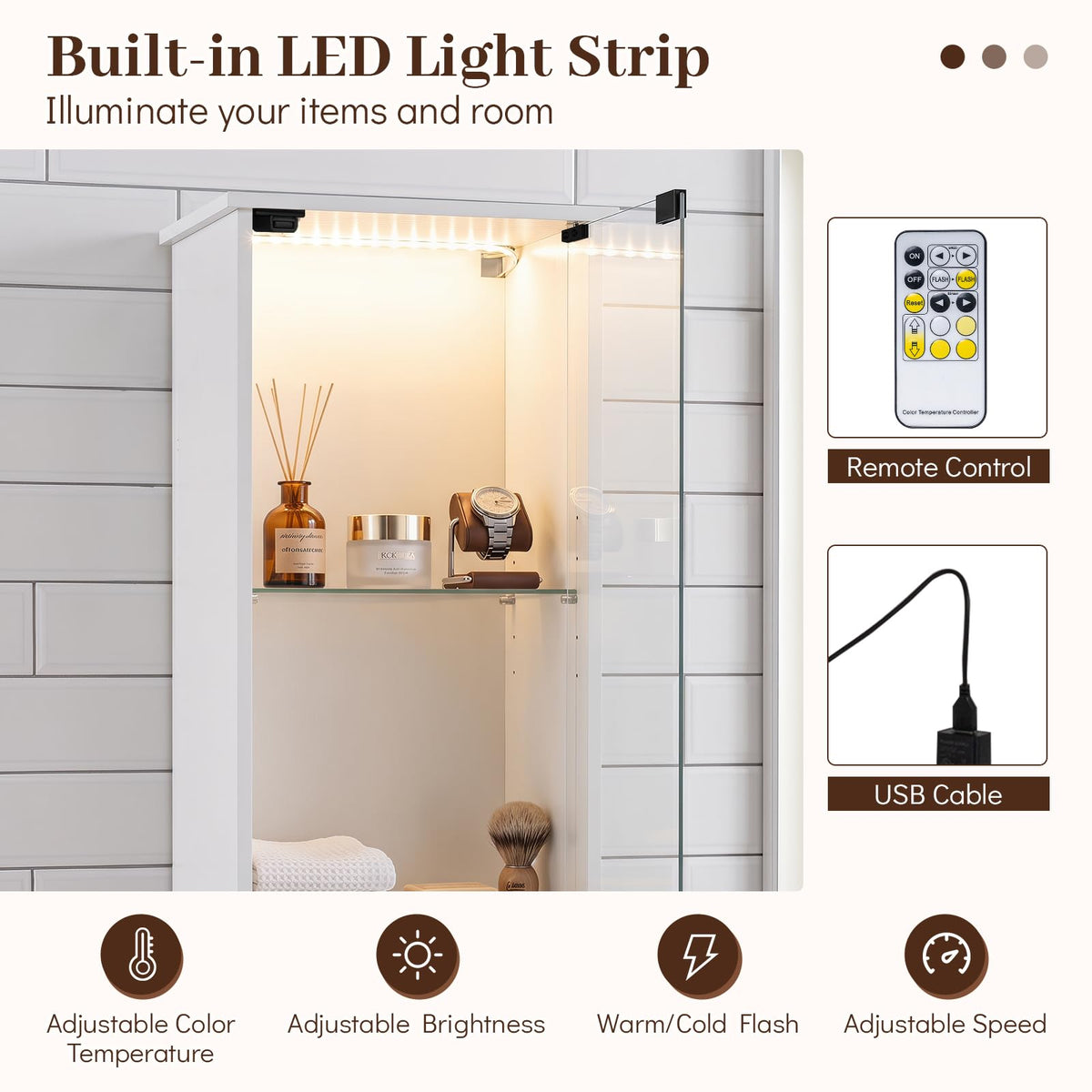 Tall Bathroom Cabinet with Lights & Press-to-Open Door