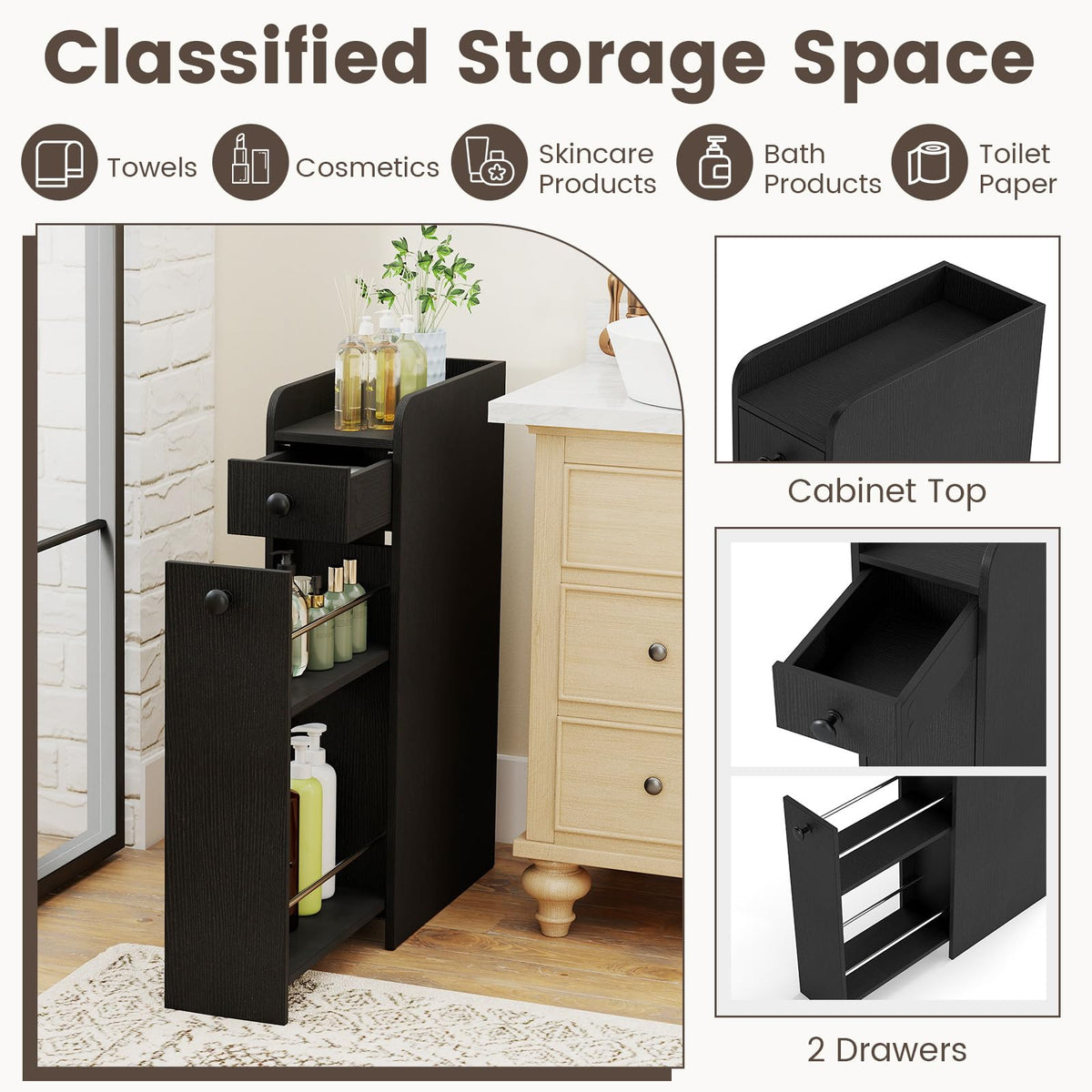 Giantex Slim Storage Cabinet, Narrow Bathroom Cabinet w/Slide Out Drawer & Spacious Top