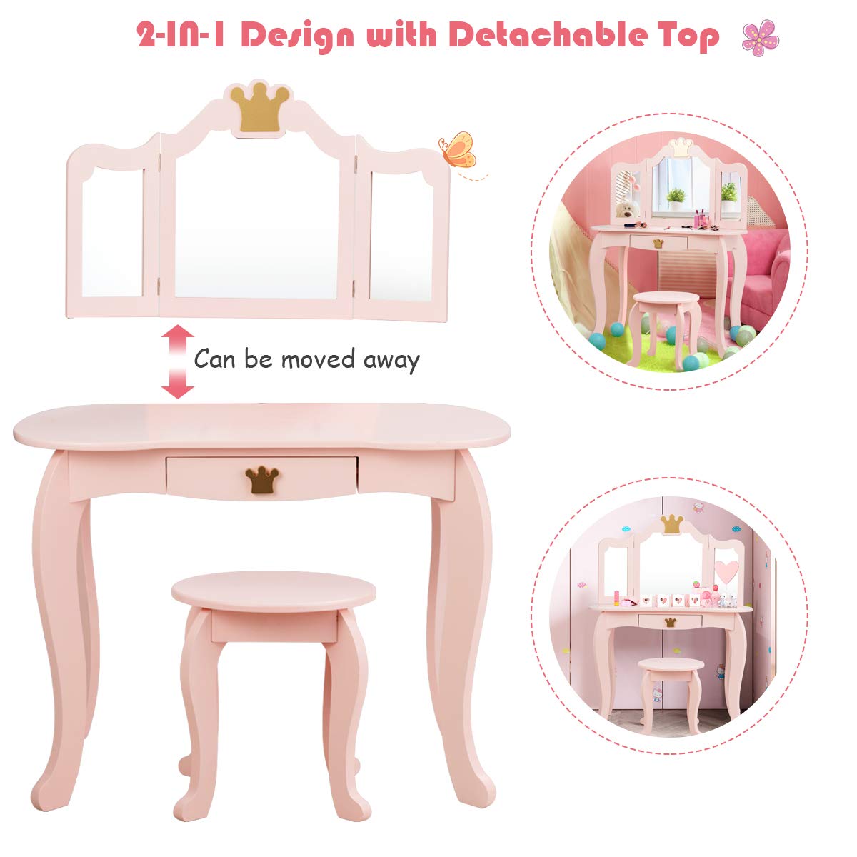 Kids Vanity Dressing Table Stool Set, Children Makeup Table Set, 2 In 1 Kids Dresser for Kids Room
