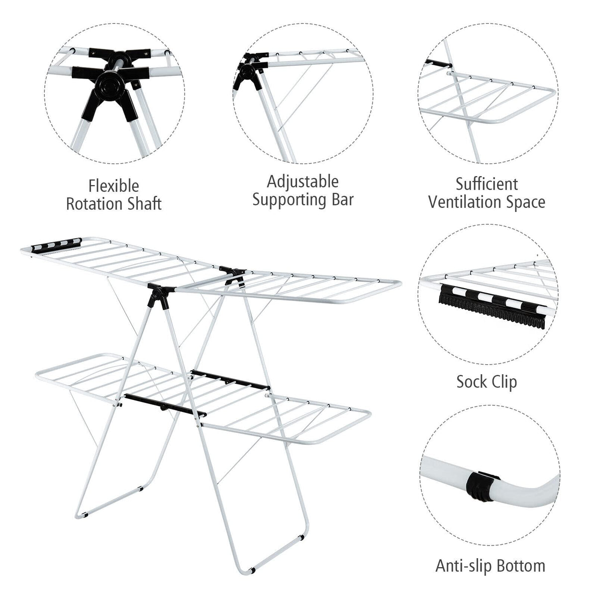 Giantex Foldable Clothes Drying Rack, 2-Level Garment Drying Hanger w/Adjustable Gullwing & Sock Clips