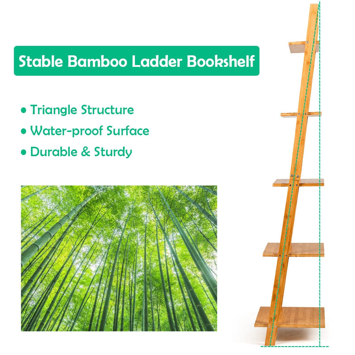 Giantex Ladder Shelf, 5-Tier Bamboo Storage Display Rack, Plant Stand Bookshelf, Wall Shelf for Living Room Kitchen, Leaning Against The Wall, Natural