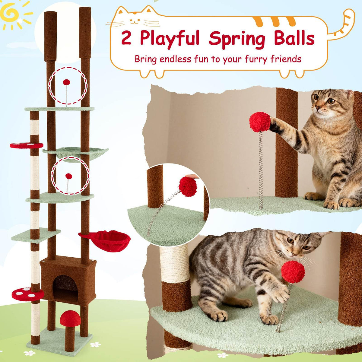 Floor to Ceiling Cat Tree, 247-277 CM Height Mushroom Cat Tower