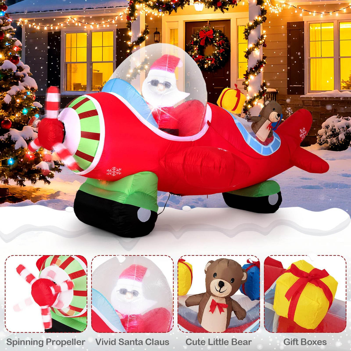 2.2m Christmas Inflatables Airplane with Gift Boxes and Built-in LED Lights