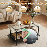 2-Tier Tempered Glass Coffee Table 95cm with Storage Shelf for Living Room