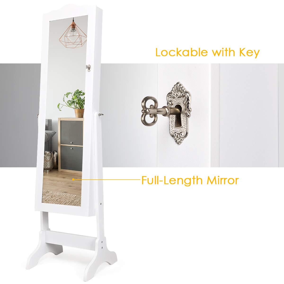 Giantex Jewelry Storage Armoire, Freestanding Jewelry Cabinet w/ Full-length Mirror, White