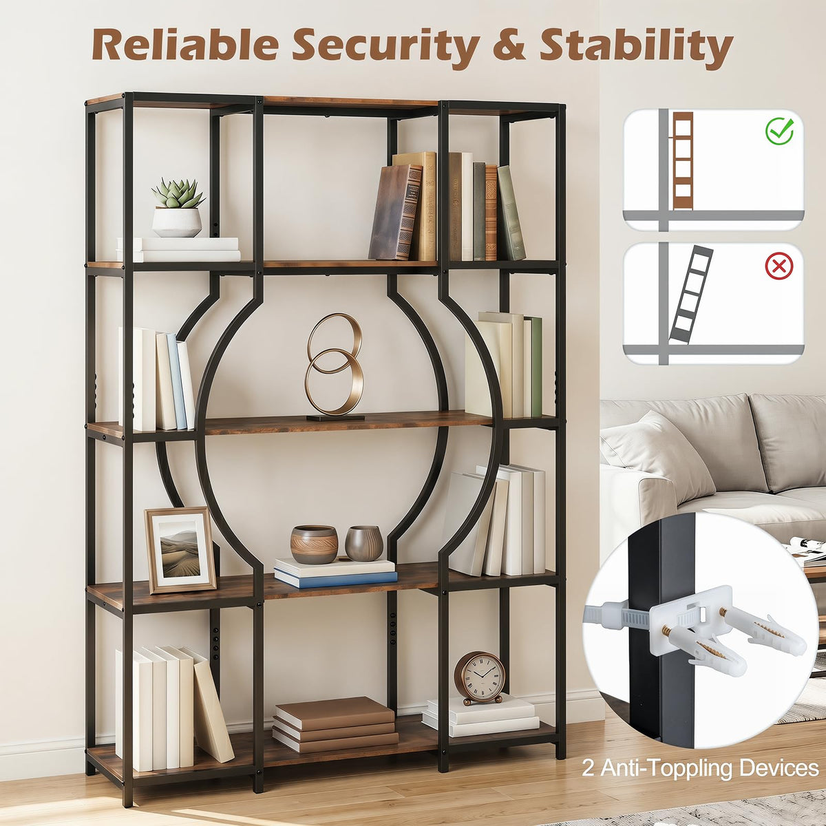 Giantex 5-Tier Industrial Geometric Tall Bookshelf with Open Shelves